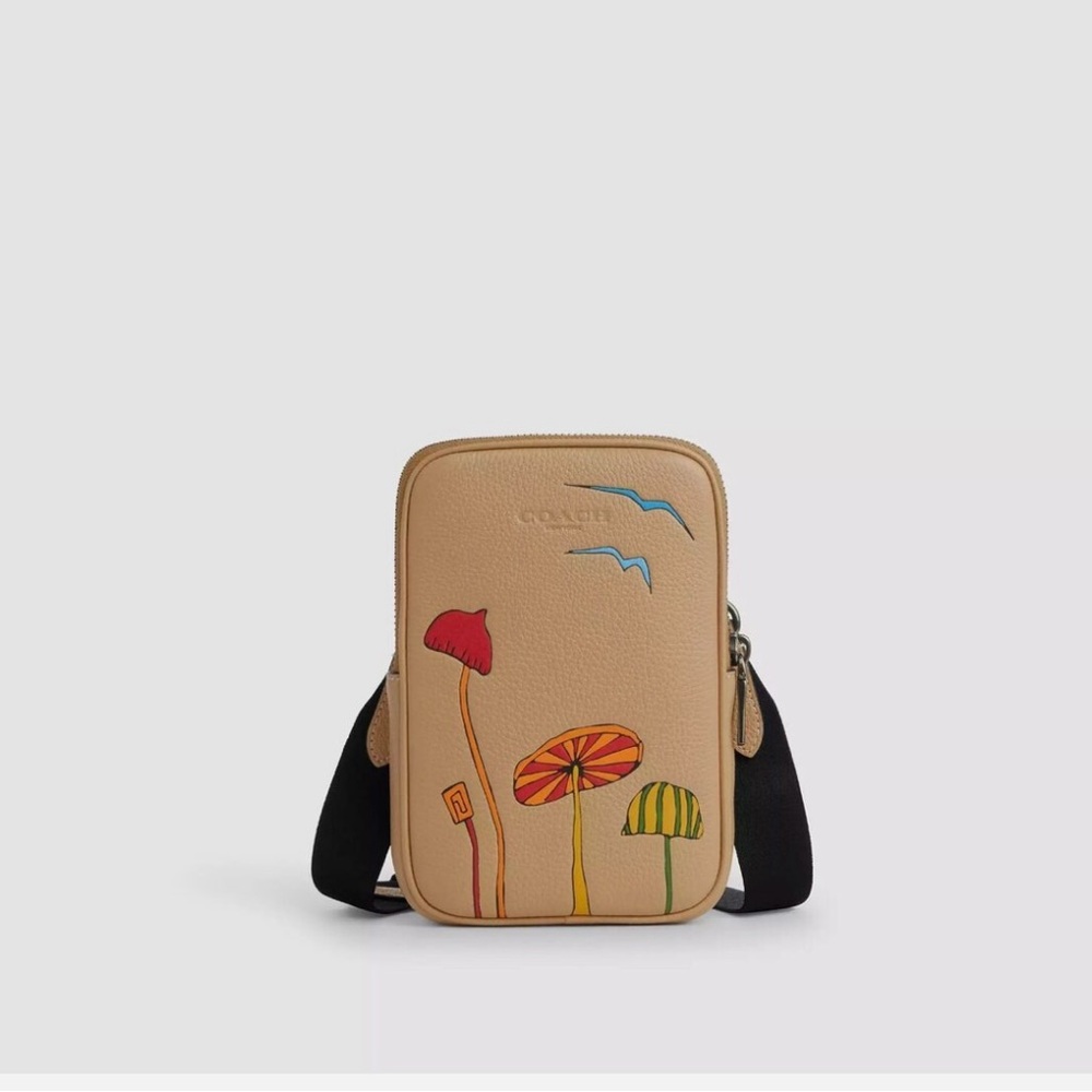 Coach Tan and Red Crossbody Bag with Artistic Embroidery